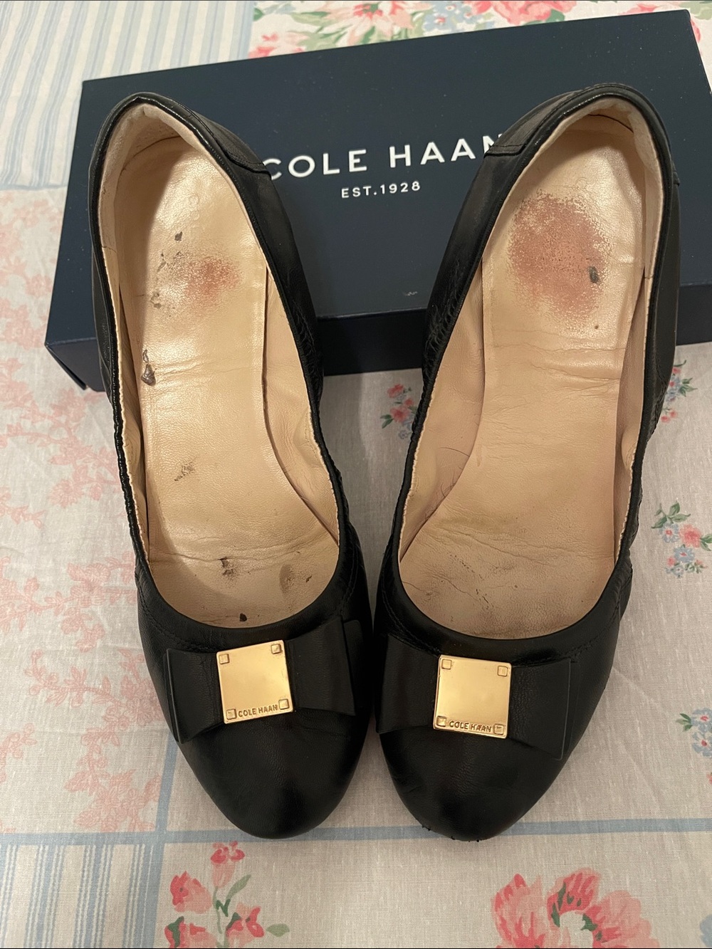 Cole Haan Black Leather Ballet Flats with Gold Square Accent, size 8